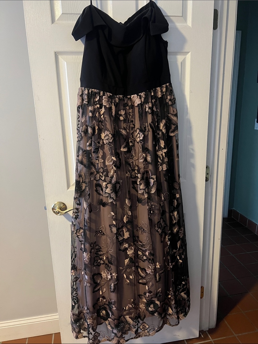 Night Way Collections Black Bodice Floral Lace Overlay Evening Gown
